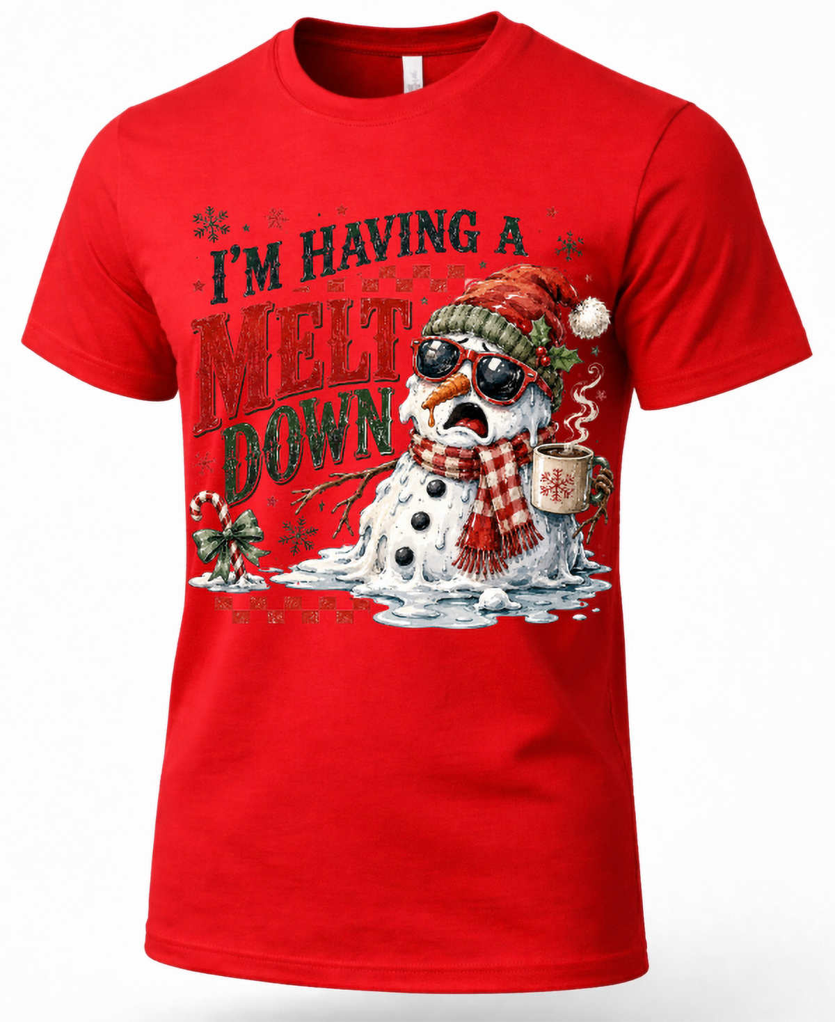 Red I’m Having a Meltdown Christmas shirt featuring melting snowman in sunglasses and Santa hat.