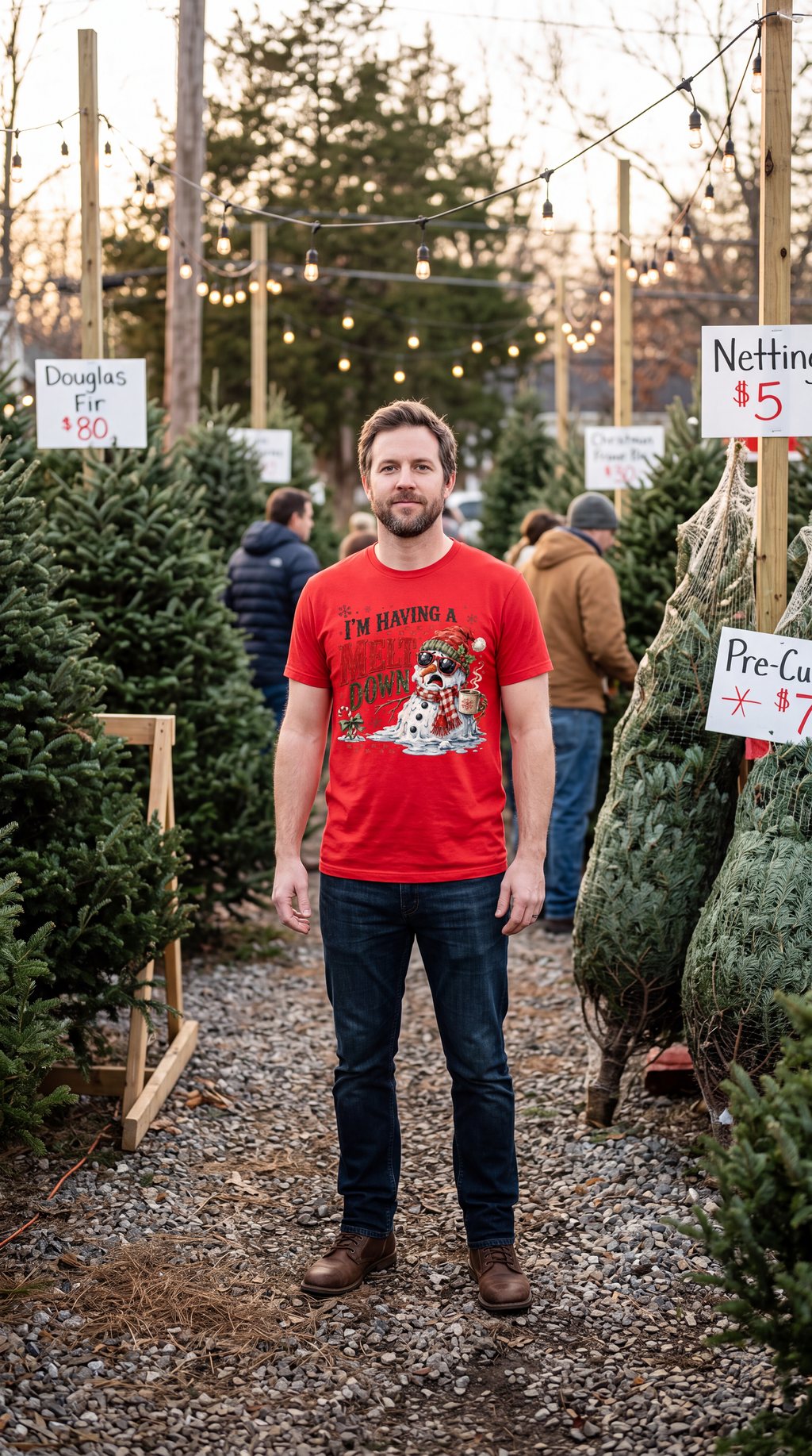 Man wearing red I’m Having a Meltdown Christmas graphic tee outdoors in a festive seasonal setting.