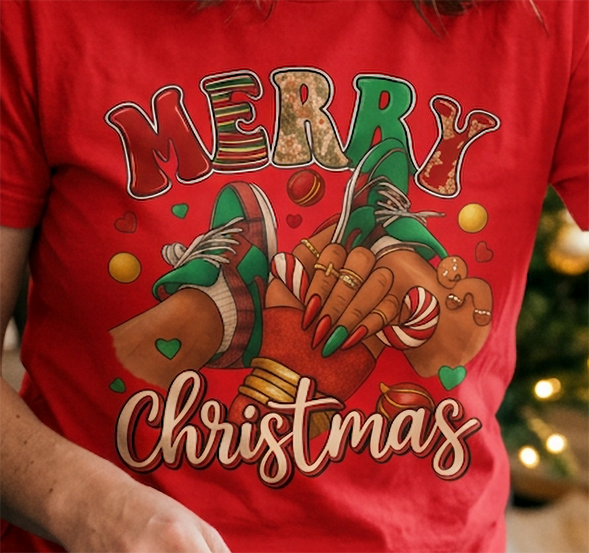 Red Close-Up: Close-up of the Merry Christmas sneaker design printed on red fabric featuring holiday-inspired footwear and seasonal graphics.