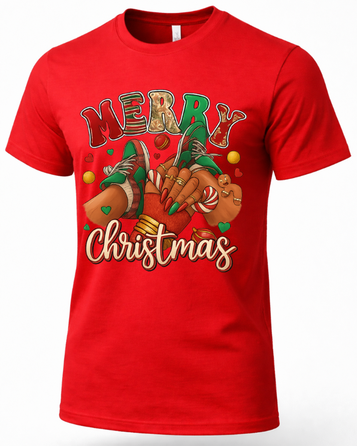 Red Mockup: Red unisex Merry Christmas t-shirt featuring colorful holiday sneakers, candy canes, gingerbread accents, and festive typography.