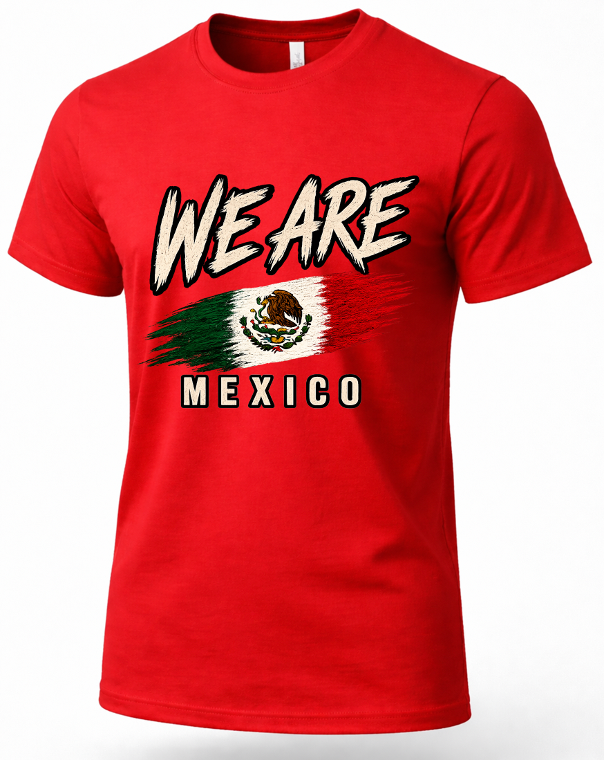 A red short-sleeve crewneck t-shirt featuring a graphic print with the text 'WE ARE' above a stylized Mexican flag and 'MEXICO' below, shown on a plain white background.