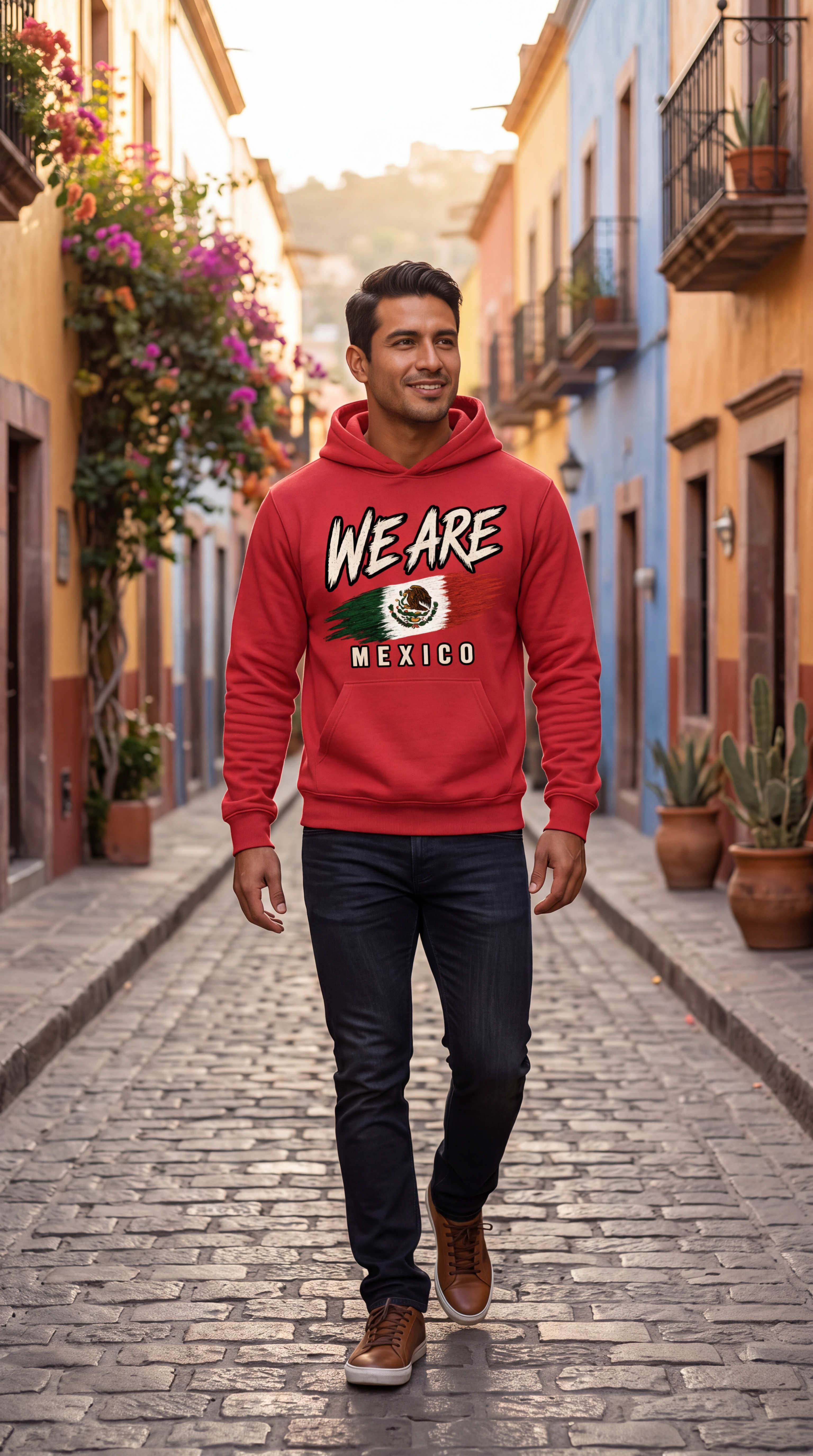 A man walking down a cobblestone street wearing a red hoodie with a 'WE ARE MEXICO' graphic featuring the Mexican flag and coat of arms, paired with dark jeans and brown shoes.