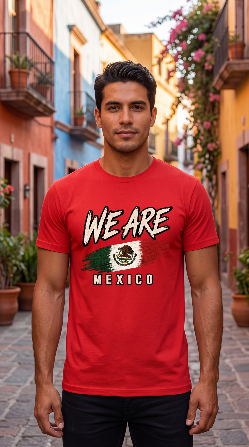 A man wearing a red graphic t-shirt with 'WE ARE MEXICO' and a Mexican flag design, standing in a colorful cobblestone street.