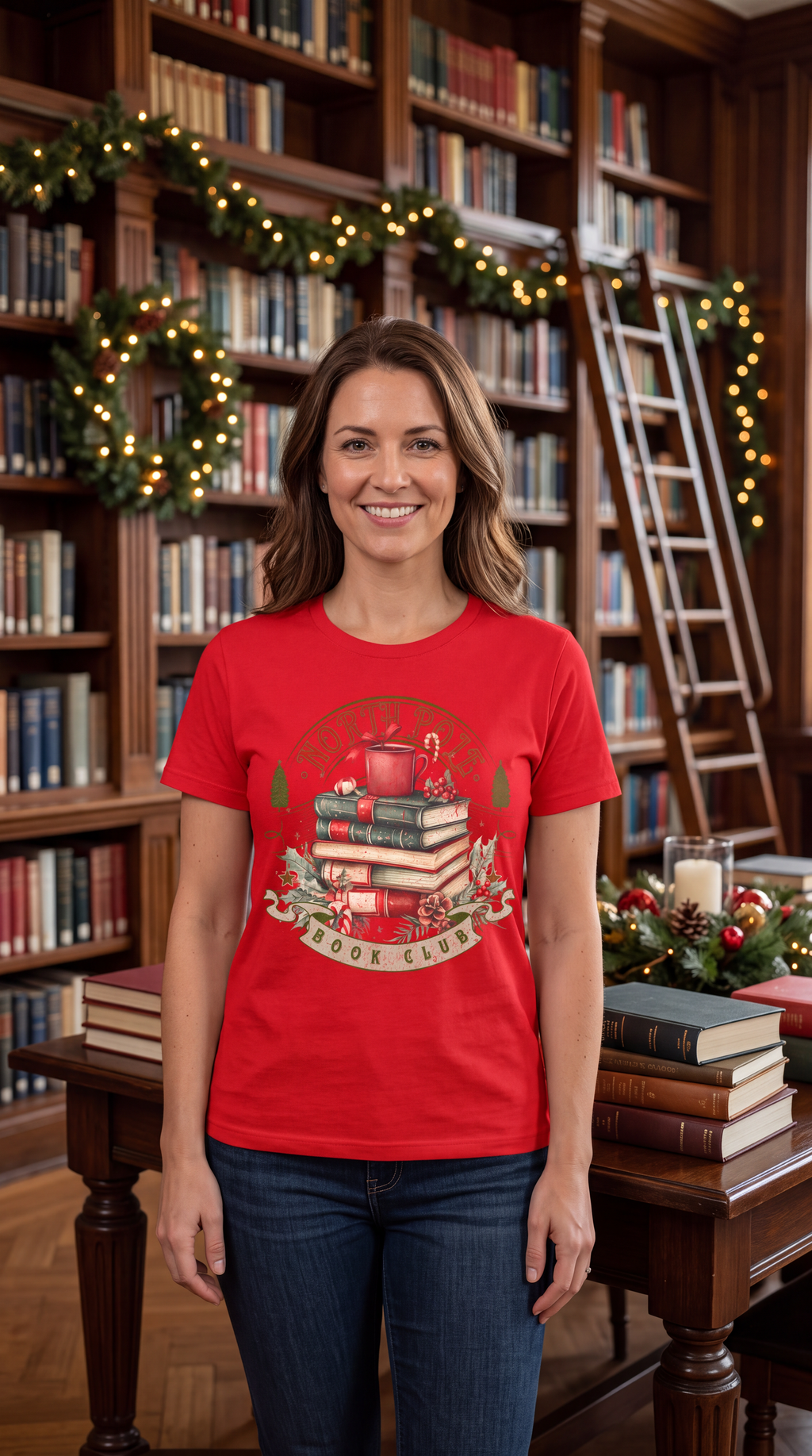 Woman wearing red North Pole Book Club Christmas graphic T-shirt in a festive holiday setting.