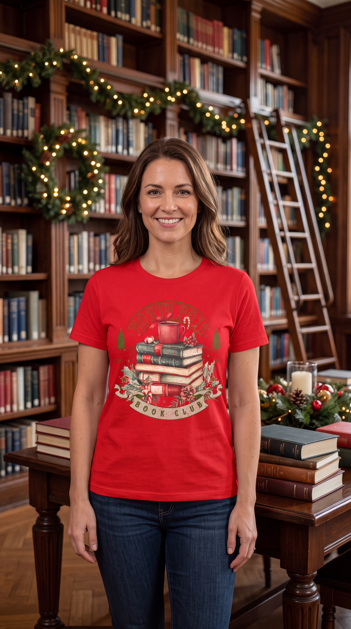 Woman wearing red North Pole Book Club Christmas graphic T-shirt in a festive holiday setting.