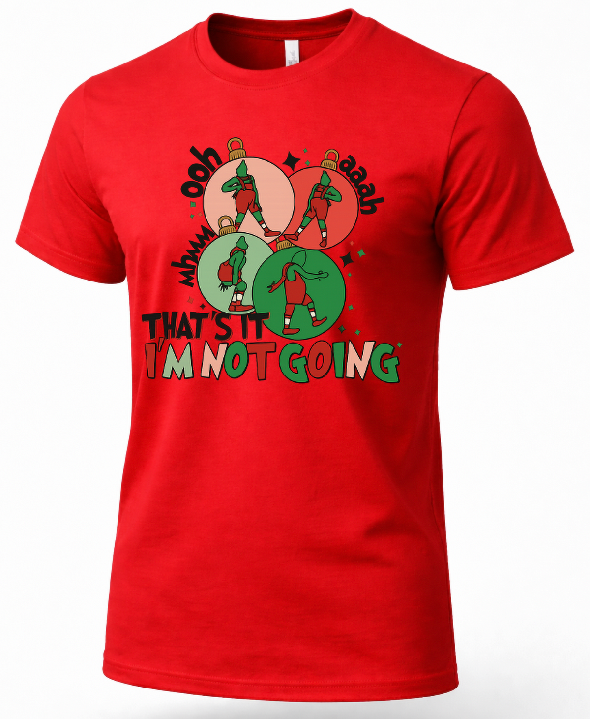 Red Mockup: Red unisex Christmas t-shirt featuring four colorful ornaments with dancing green characters and funny holiday lettering.