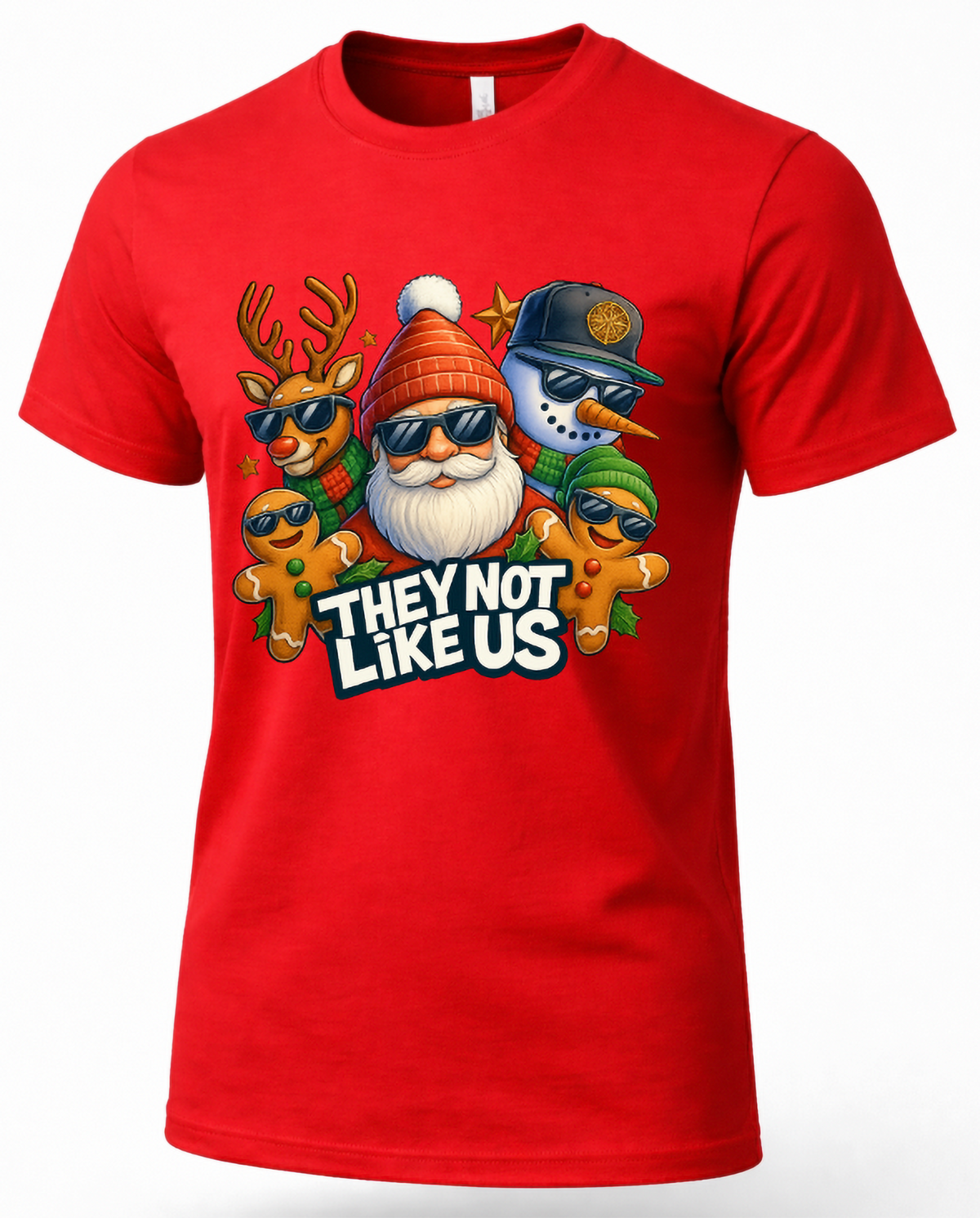 Red Mockup: Red unisex Christmas t-shirt featuring Santa Claus, a reindeer, snowman, and gingerbread characters wearing sunglasses.