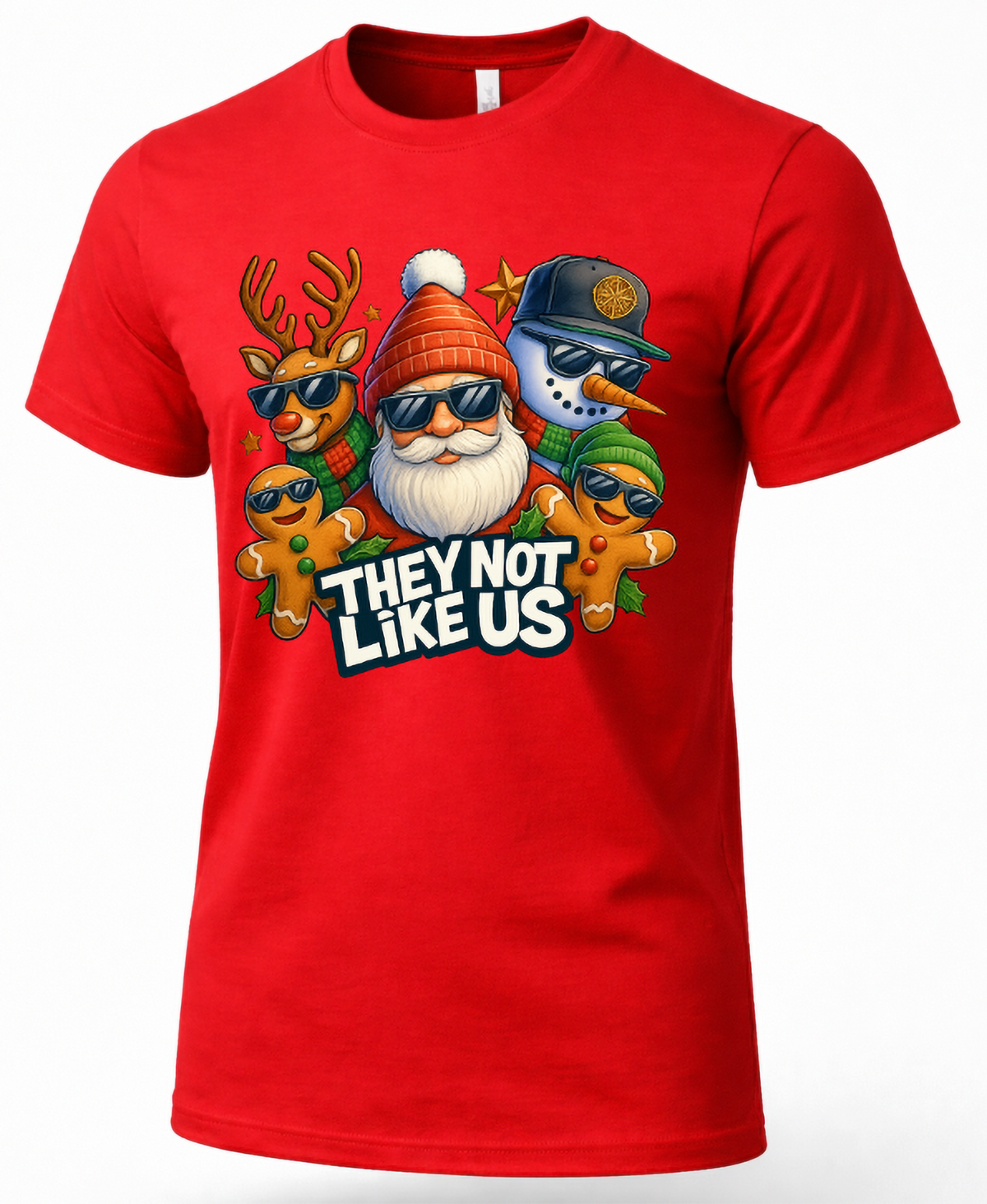 Red unisex Christmas t-shirt featuring They Not Like Us slogan with cool Santa, reindeer, snowman, and gingerbread characters.