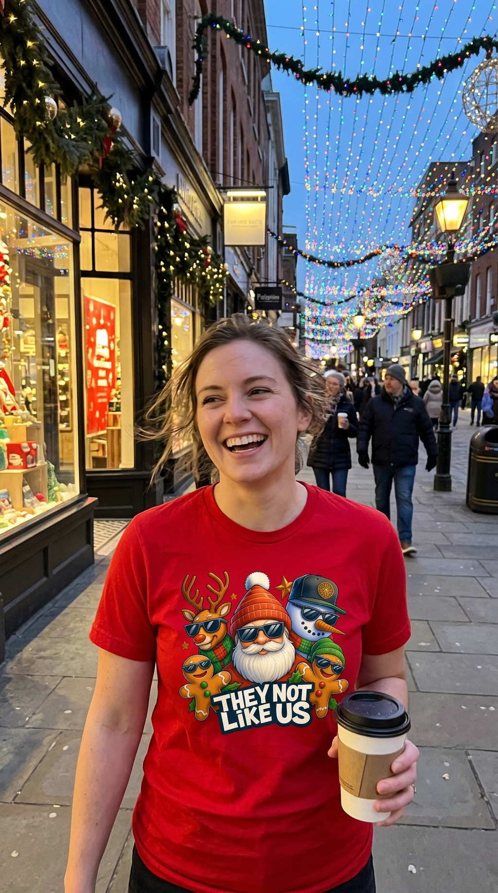 Woman wearing red They Not Like Us Christmas graphic shirt while walking outdoors with a coffee during the holiday season.