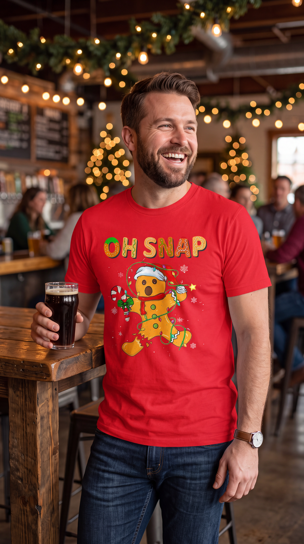 Person wearing red Oh Snap gingerbread Christmas graphic T-shirt.