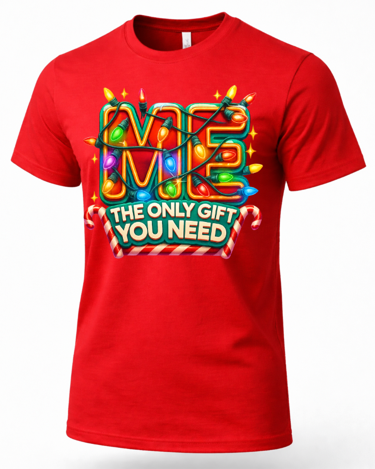 Red Shirt Mockup: Red unisex Christmas graphic tee featuring the Me The Only Gift You Need design with colorful lights and candy canes.