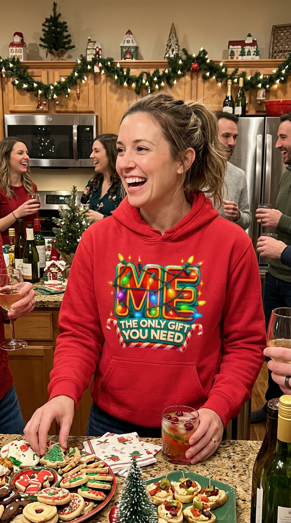 Woman wearing red Me The Only Gift You Need hoodie at a Christmas gathering