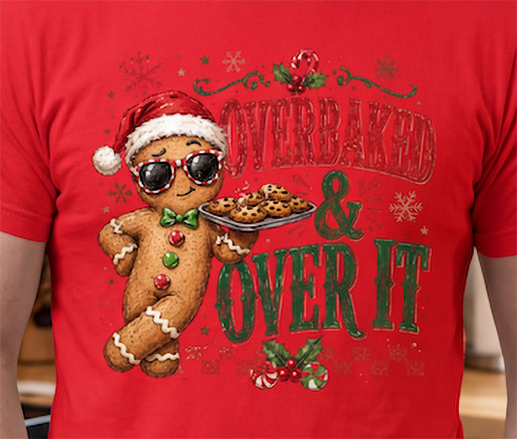 Close-up of gingerbread man and Overbaked and Over It Christmas design printed on red shirt.