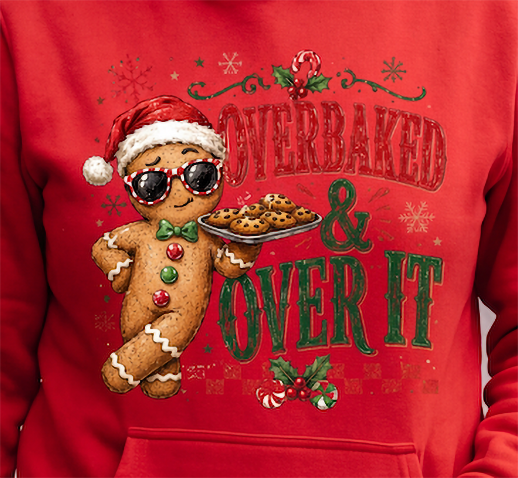 Close-up of red Overbaked and Over It Christmas gingerbread hoodie design