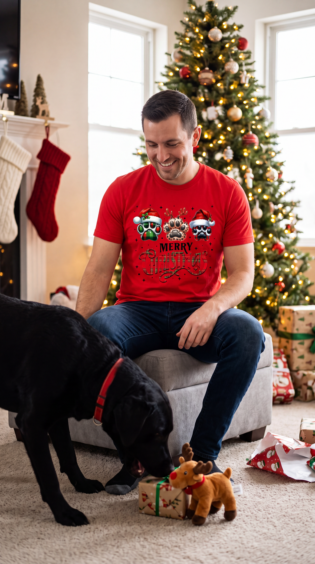 Woman wearing red Merry Christmas dog lover graphic T-shirt while sitting with her dog beside a Christmas tree.