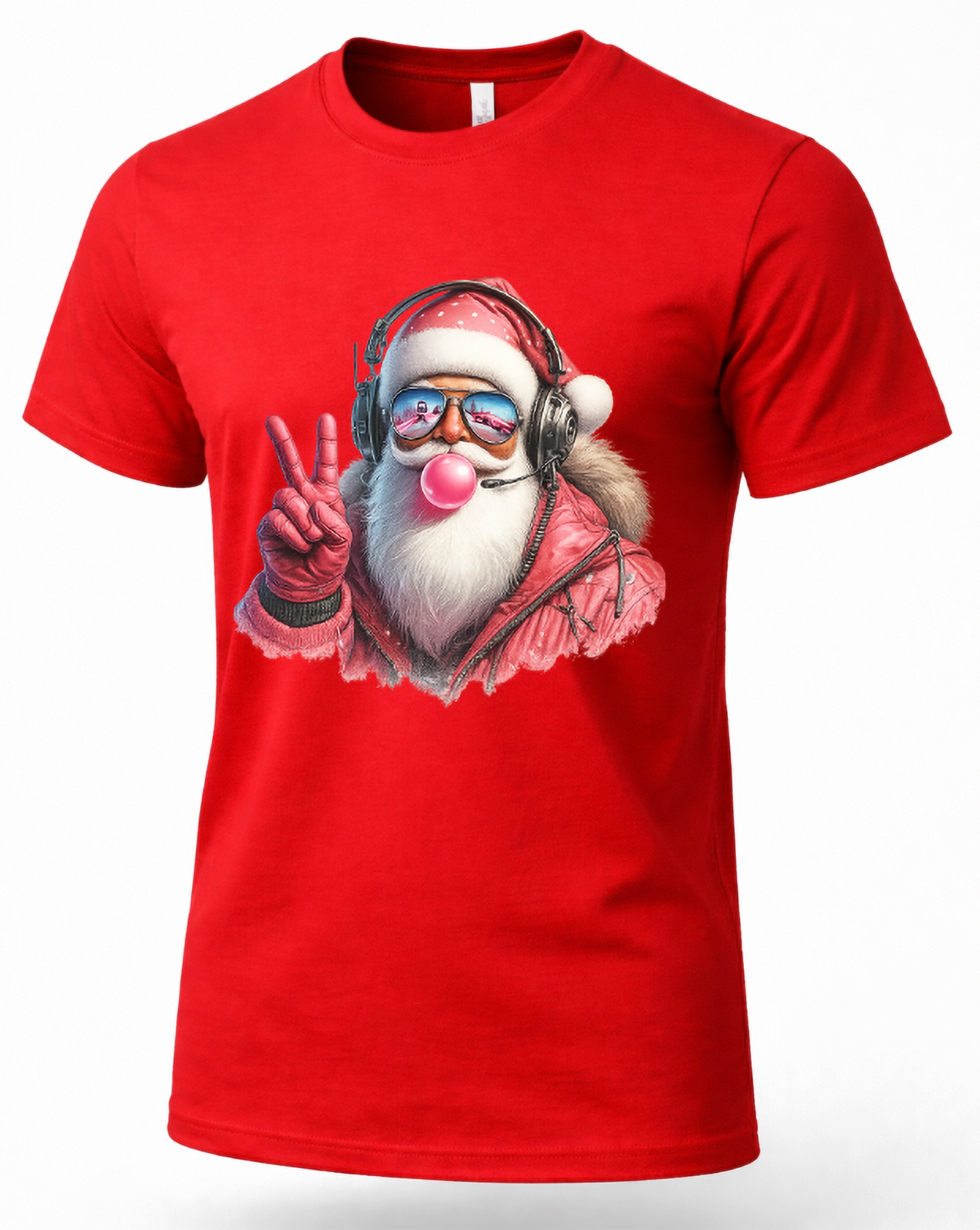 Red Shirt Mockup: Red unisex Christmas graphic tee featuring Santa Claus wearing reflective sunglasses, headphones, and a red winter jacket while blowing pink bubblegum.