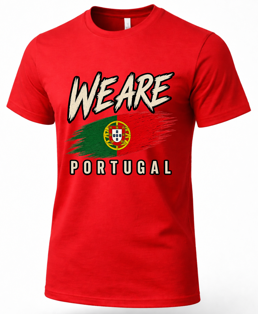 A red short-sleeve crewneck t-shirt featuring a graphic print on the front with the text 'WE ARE PORTUGAL' and a stylized Portuguese flag design.