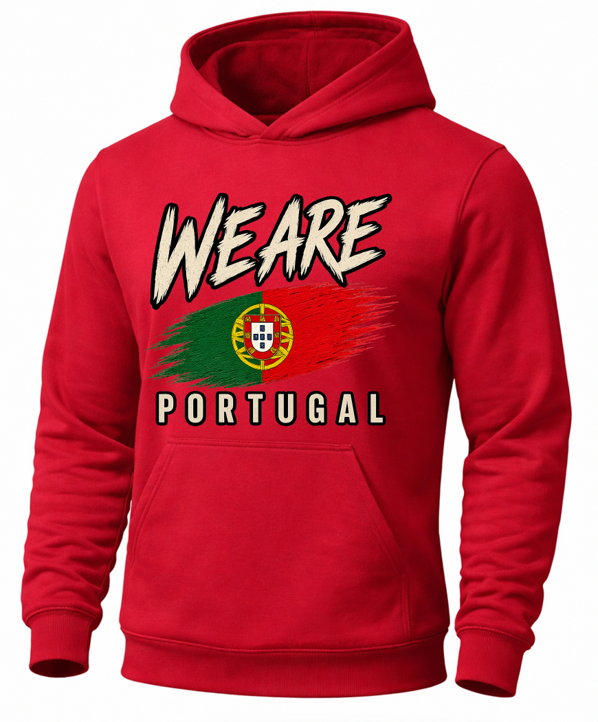 A red pullover hoodie featuring a distressed graphic on the front with the text 'WEARE' above a Portuguese flag design and 'PORTUGAL' below, shown on a plain white background.
