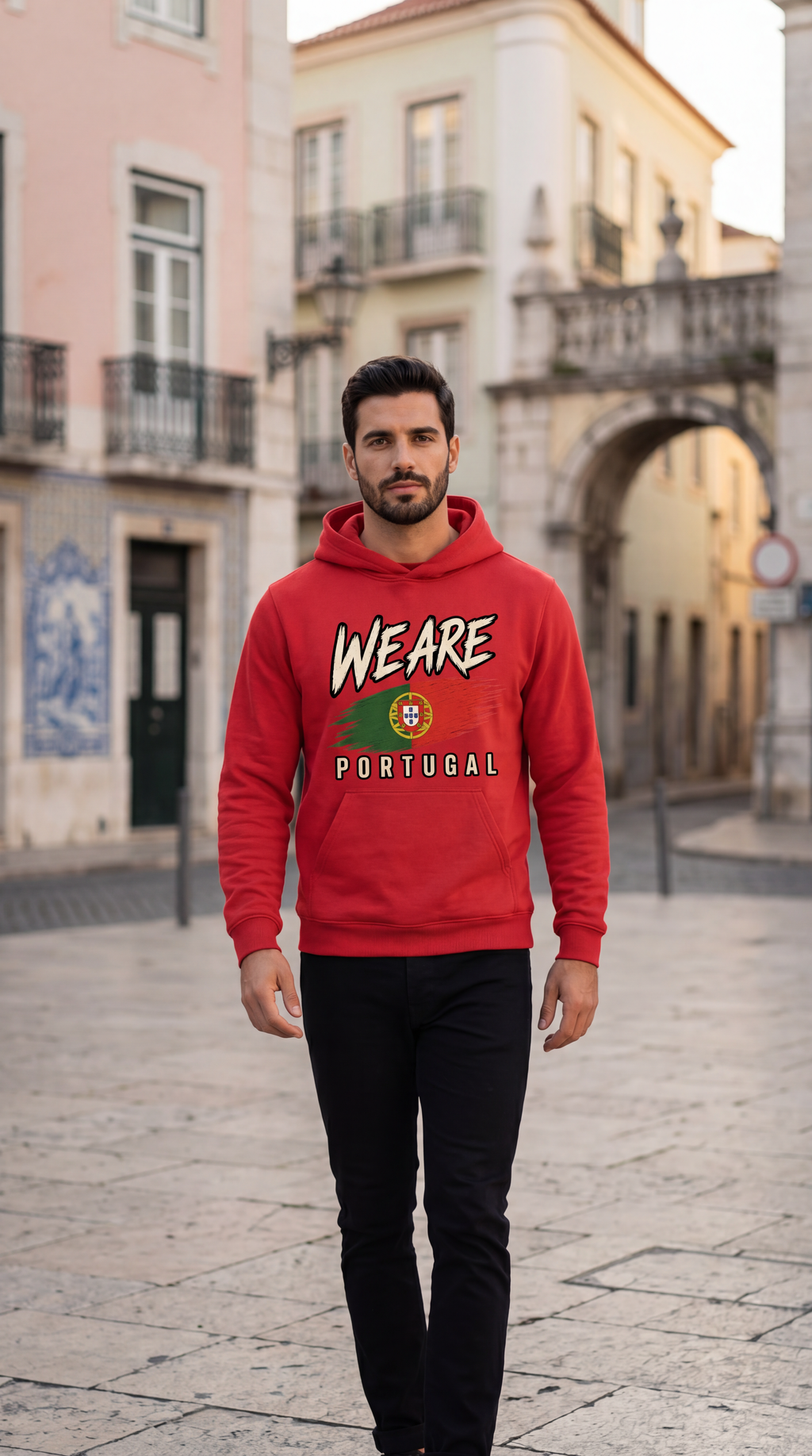 A man wearing a red hoodie with a 'WE ARE PORTUGAL' graphic stands on a cobblestone street in front of historic European buildings.
