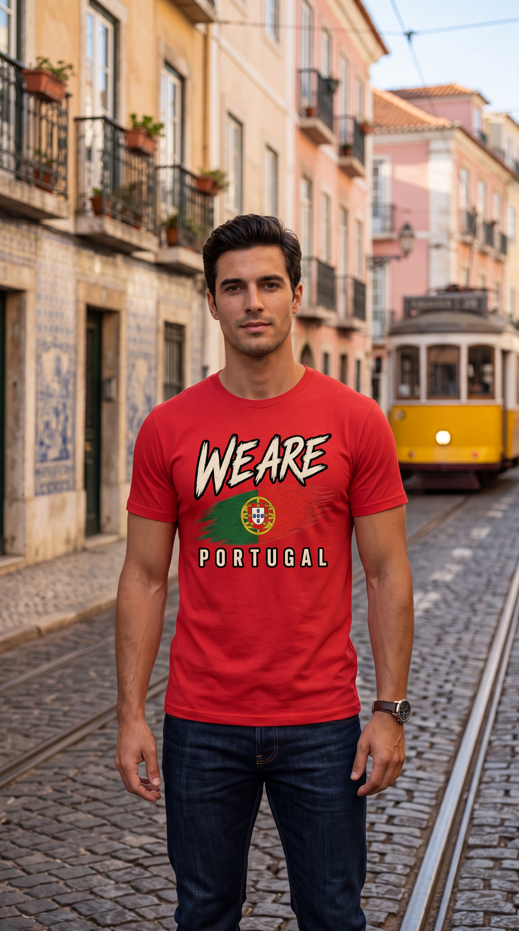 A man wearing a red graphic t-shirt with 'WE ARE PORTUGAL' and the Portuguese flag printed on the front, standing on a cobblestone street with a yellow tram in the background.