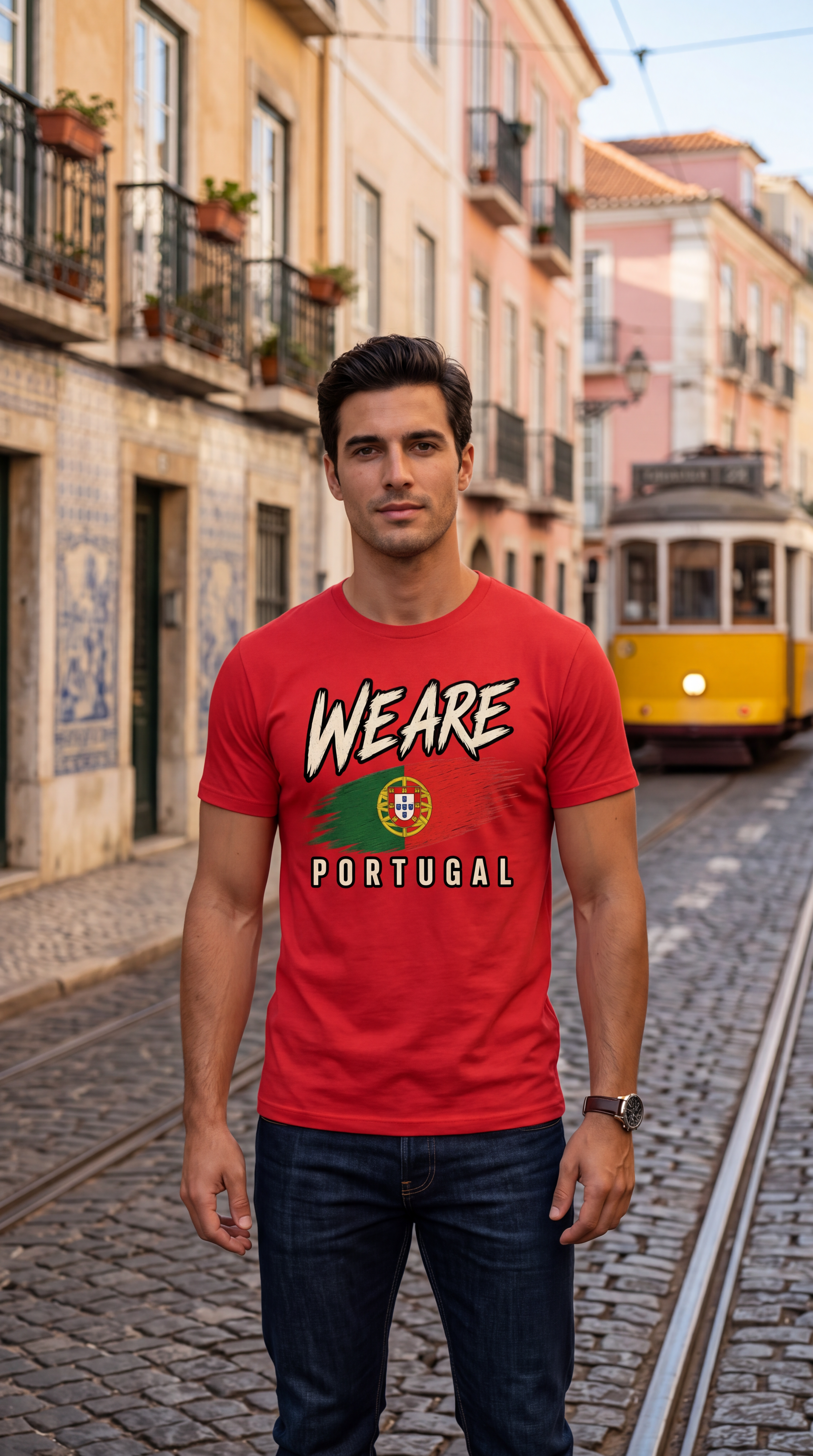 A man wearing a red graphic t-shirt with 'WE ARE PORTUGAL' and the Portuguese flag printed on the front, standing on a cobblestone street with a yellow tram in the background.