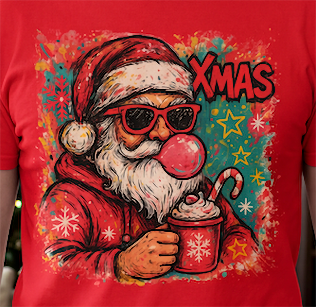 Close-up of Retro Bubblegum Santa Christmas design on red shirt