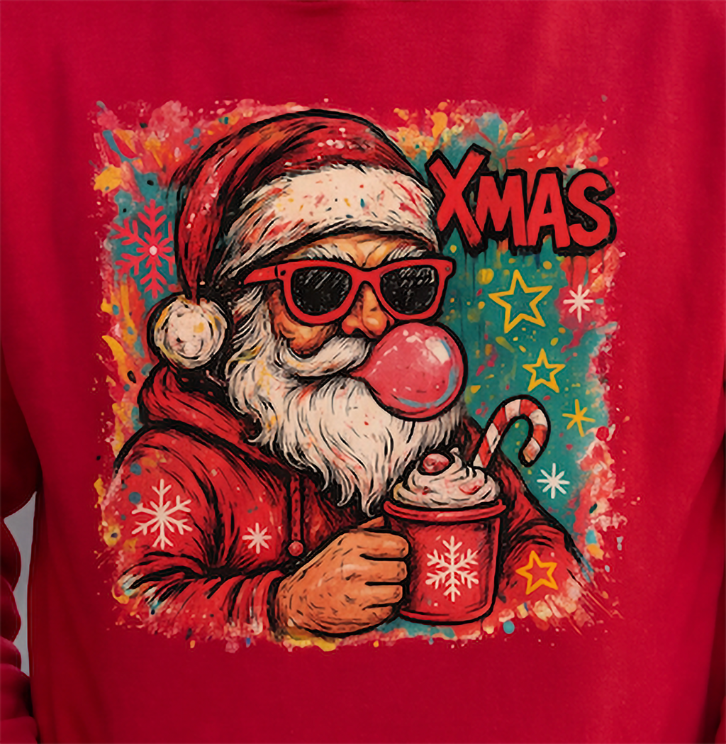 Close-up of red Bubblegum Santa Christmas hoodie with colorful retro graphic