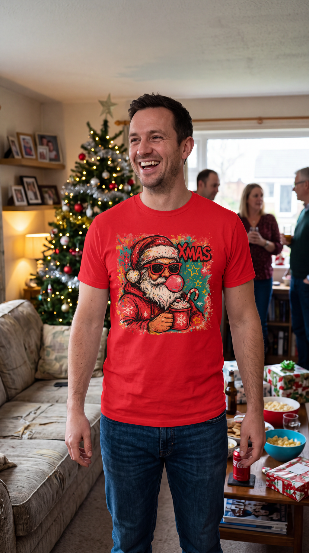 Man wearing red Retro Bubblegum Santa Christmas graphic T-shirt.