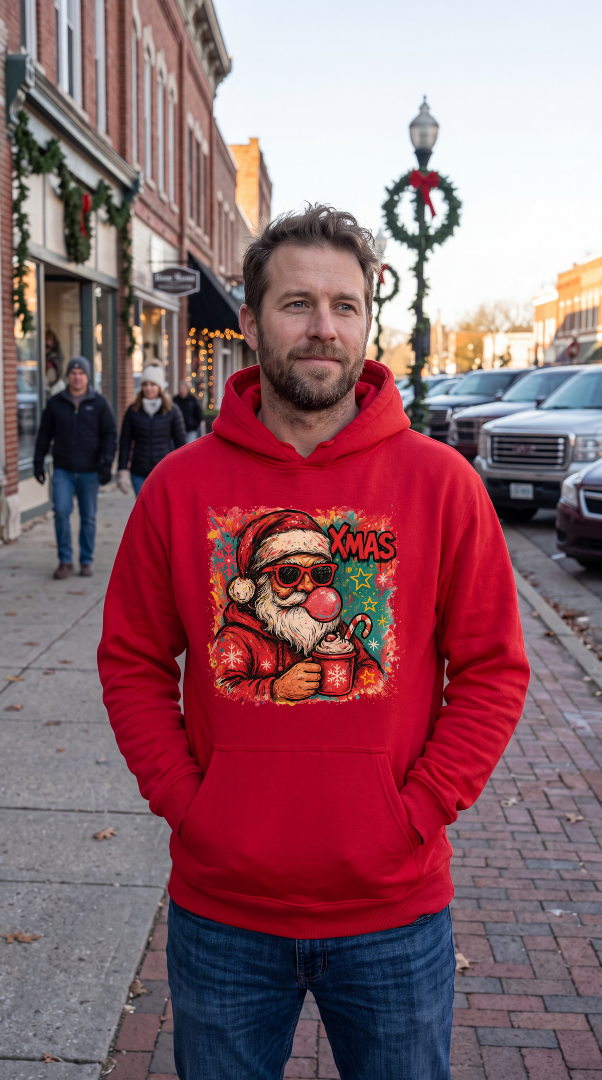 Man wearing red retro Santa Christmas hoodie with colorful Bubblegum Santa graphic