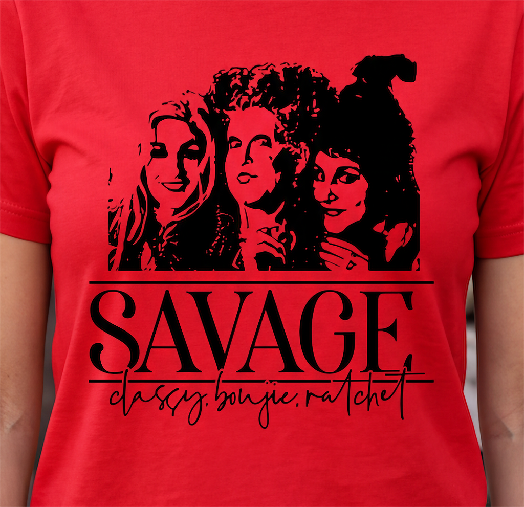 Close-up of red Savage Hocus Pocus Halloween shirt with Sanderson Sisters design
