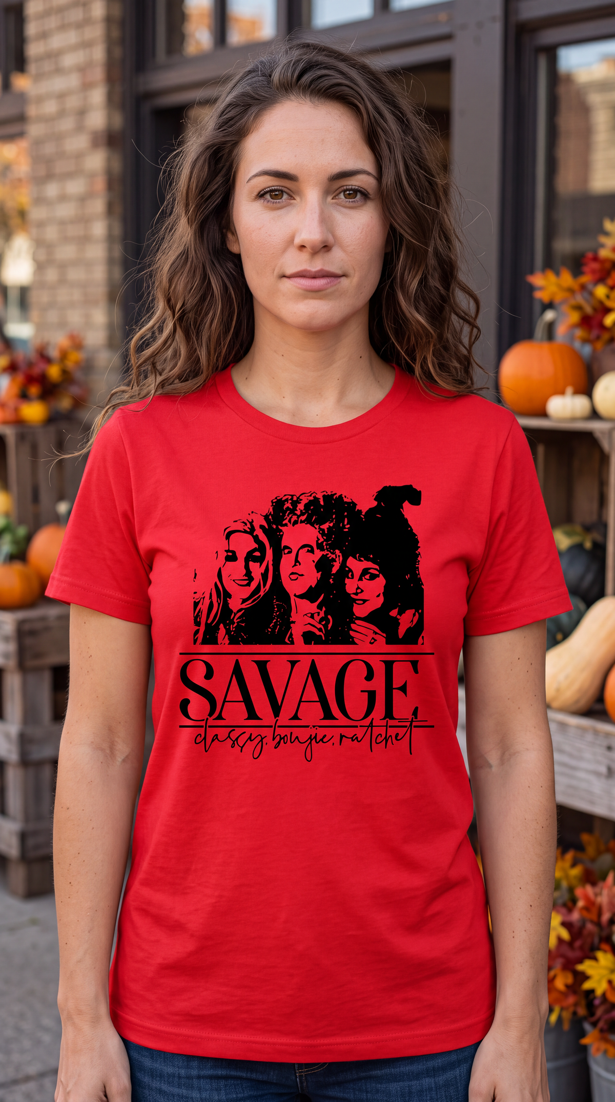 Woman wearing red Savage Hocus Pocus Sanderson Sisters Halloween graphic tee