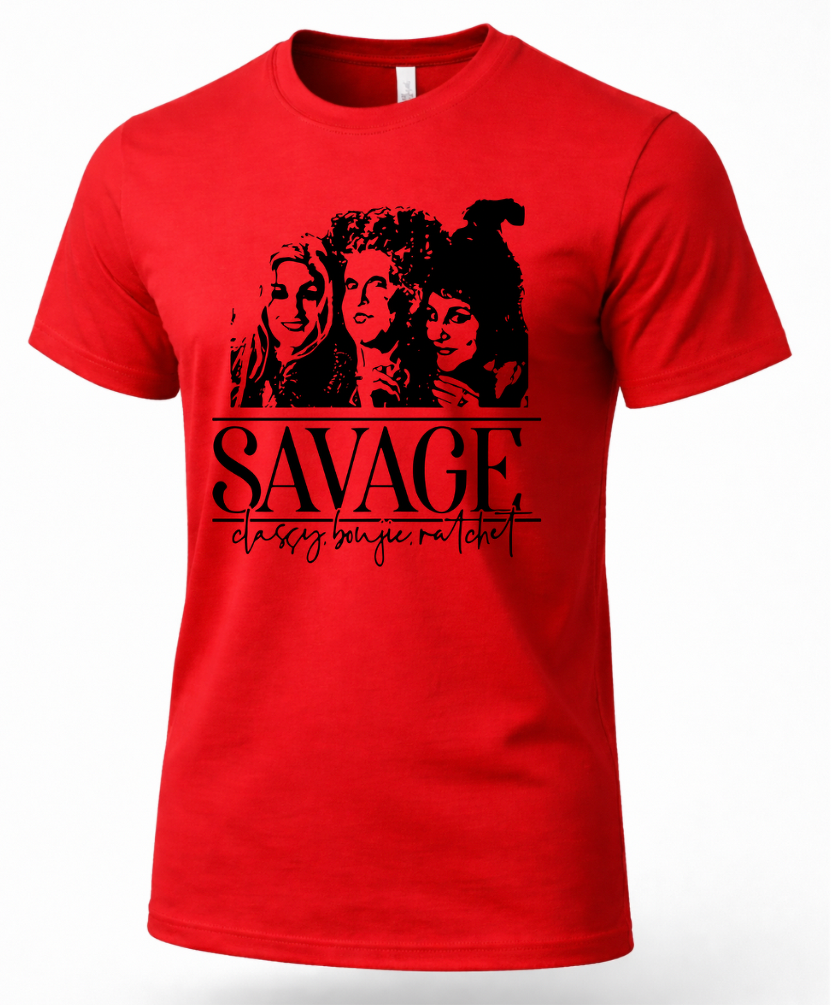 Red Savage Hocus Pocus shirt with black Sanderson Sisters-inspired graphic