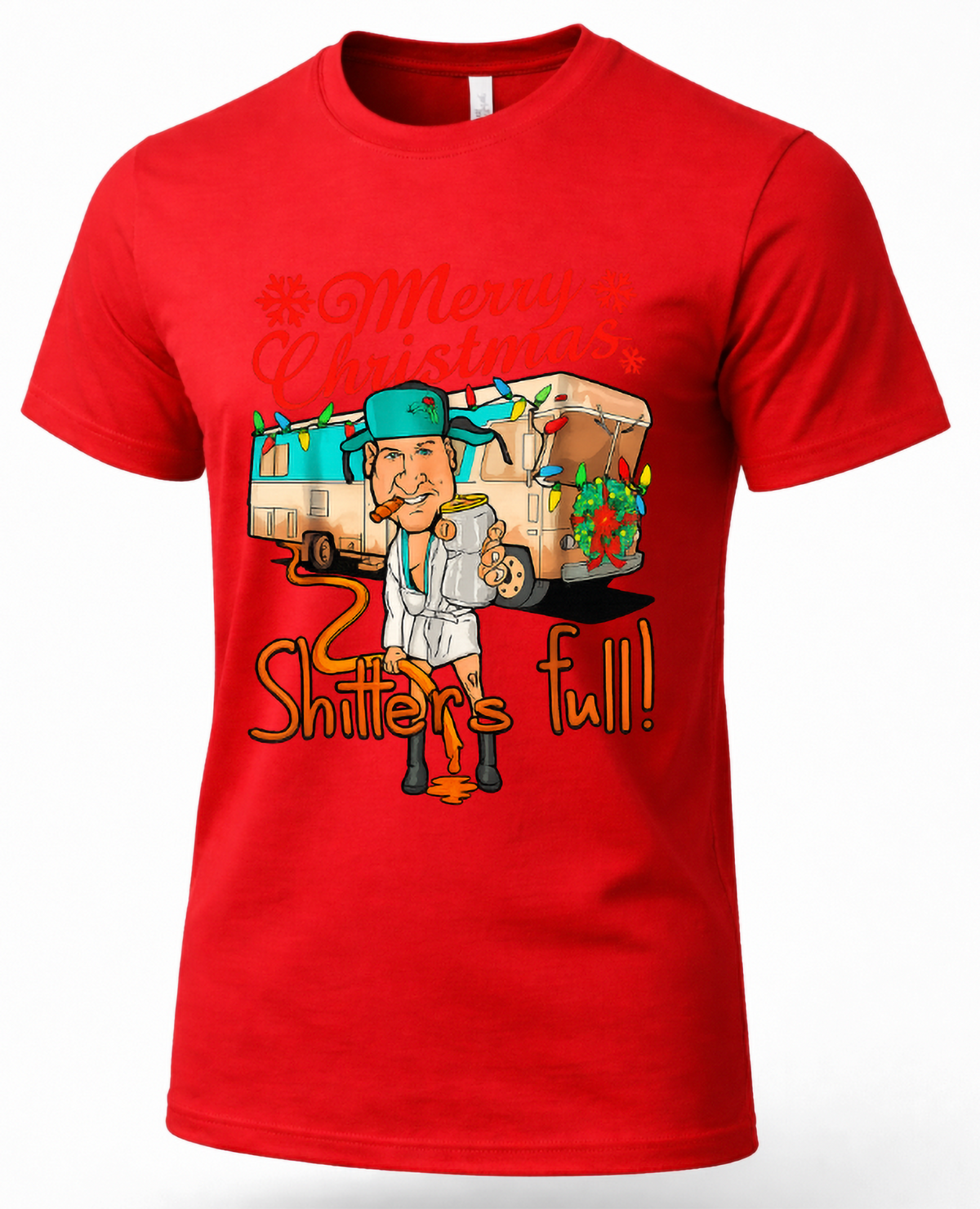 Red Shirt Mockup: Red unisex Merry Christmas Shitter's Full t-shirt featuring colorful holiday camper artwork and funny Christmas lettering.