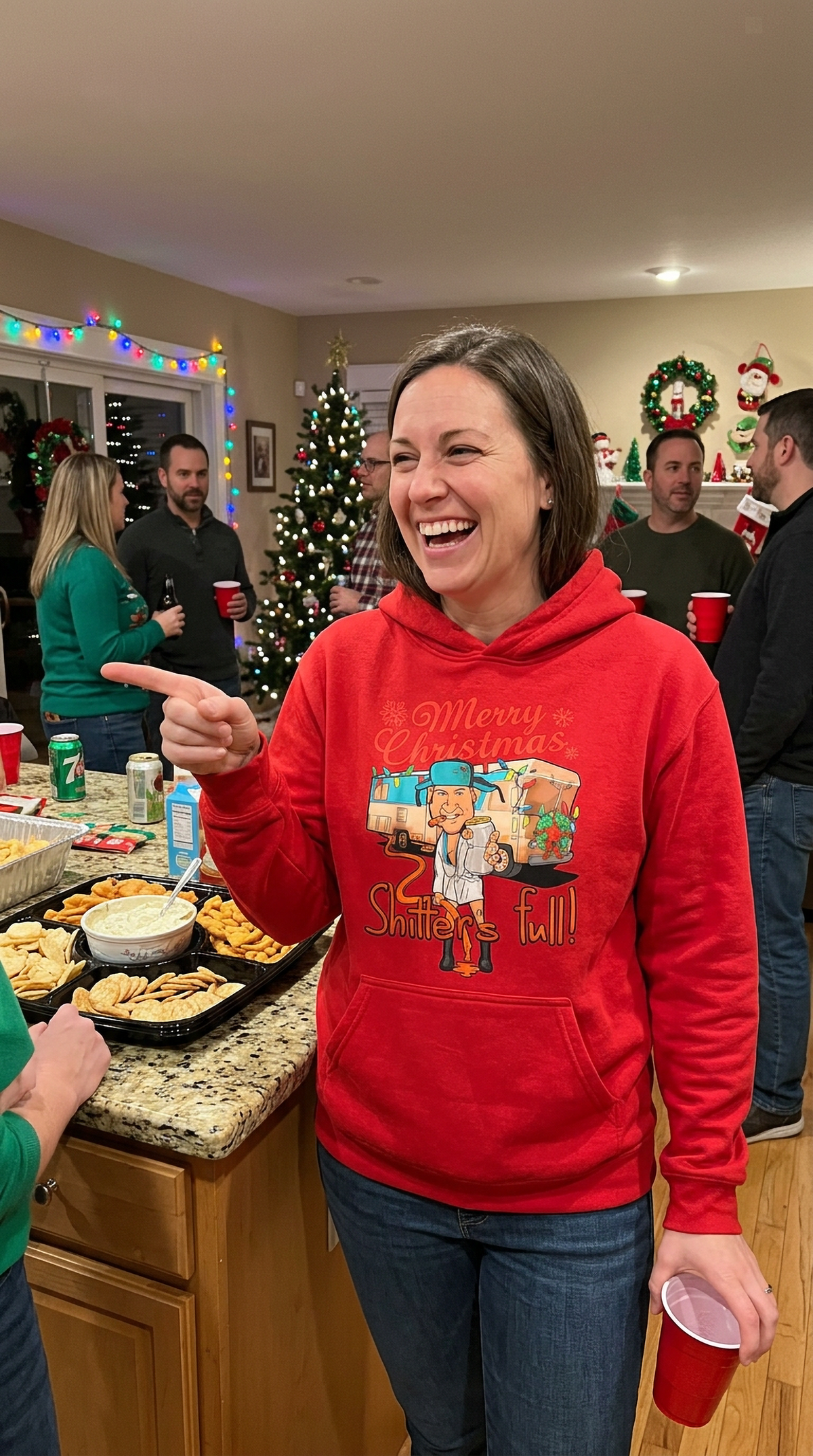 Man wearing red Shitter’s Full Christmas Vacation hoodie for a festive holiday outfit