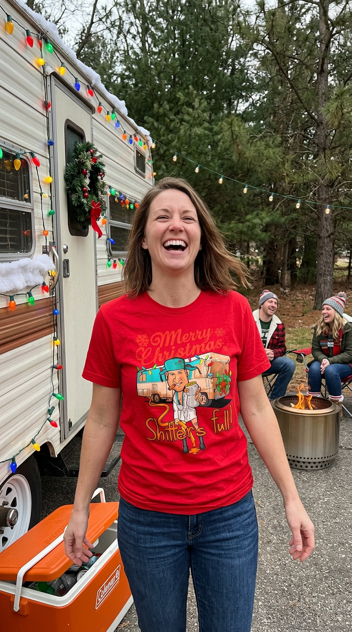 Lifestyle – Red: Woman wearing a red funny Christmas graphic t-shirt featuring a festive camper design at an outdoor holiday gathering.