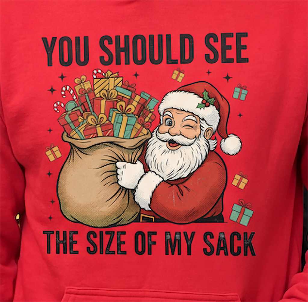 Close-up of red You Should See the Size of My Sack Christmas hoodie design