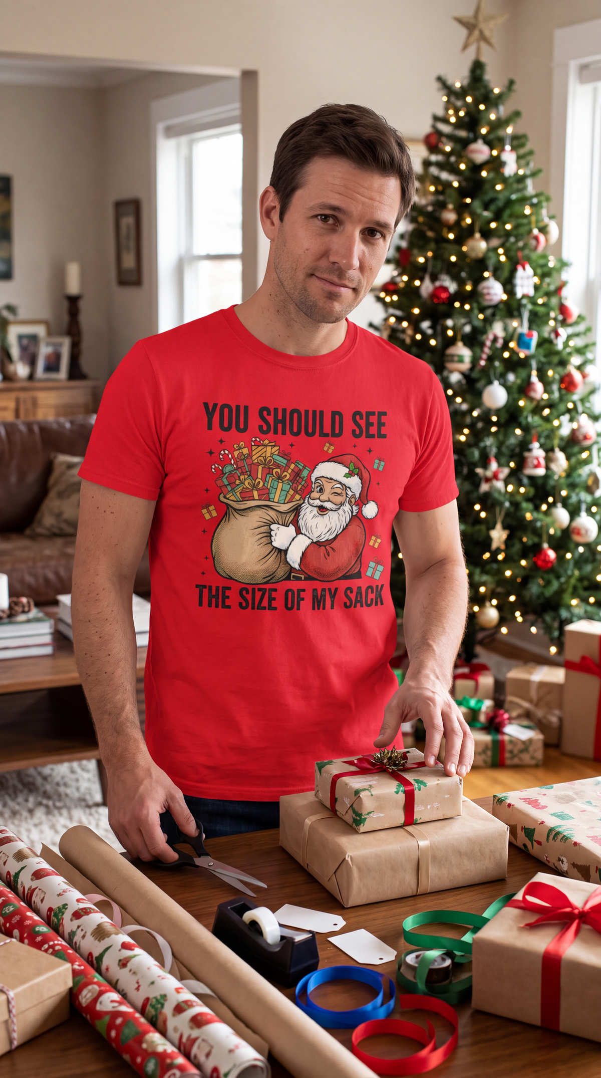 Man wearing red You Should See the Size of My Sack funny Santa Christmas shirt near a decorated Christmas tree.