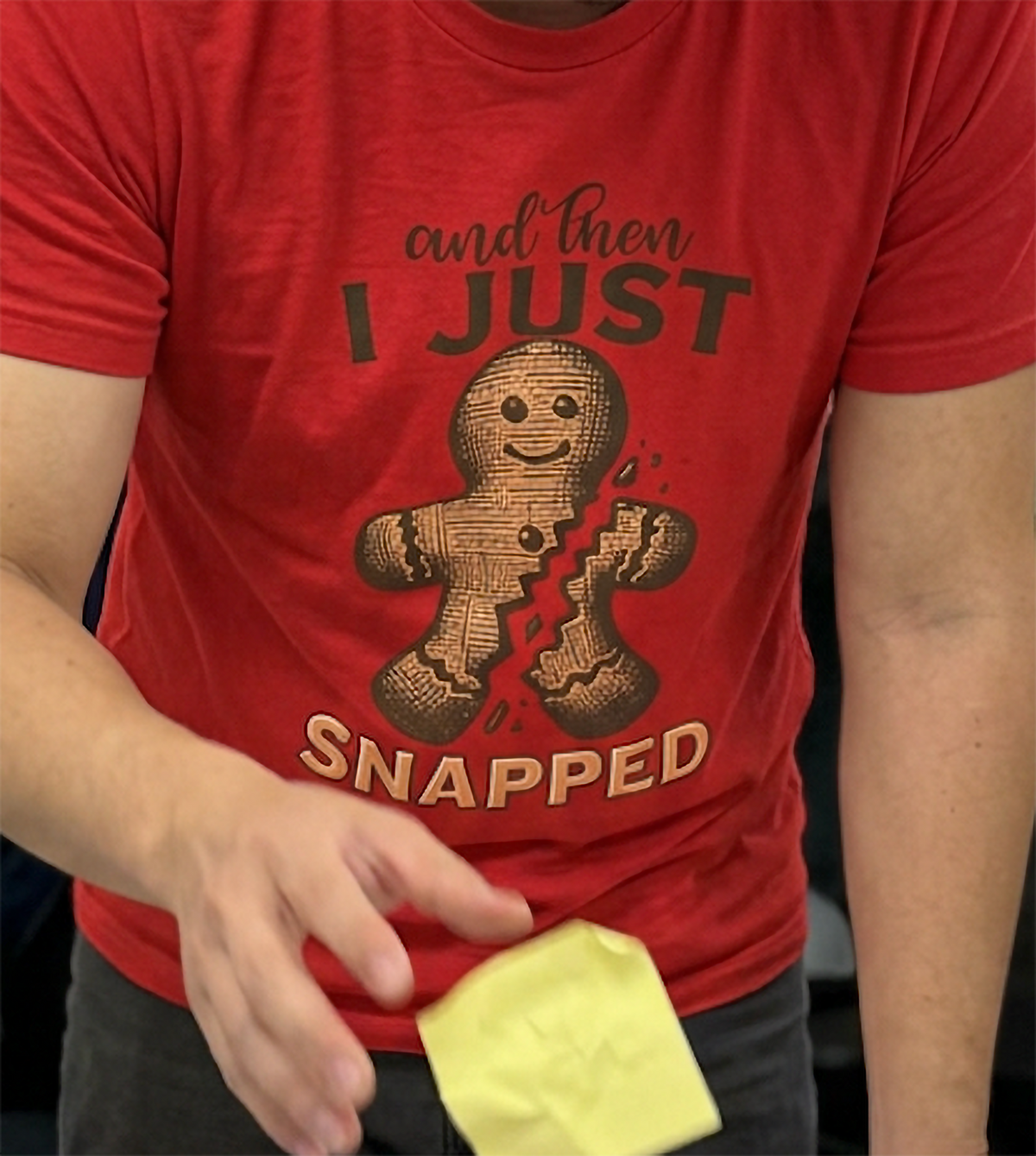 Red Close-Up: Close-up of the funny gingerbread Christmas artwork printed on a red holiday graphic tee.