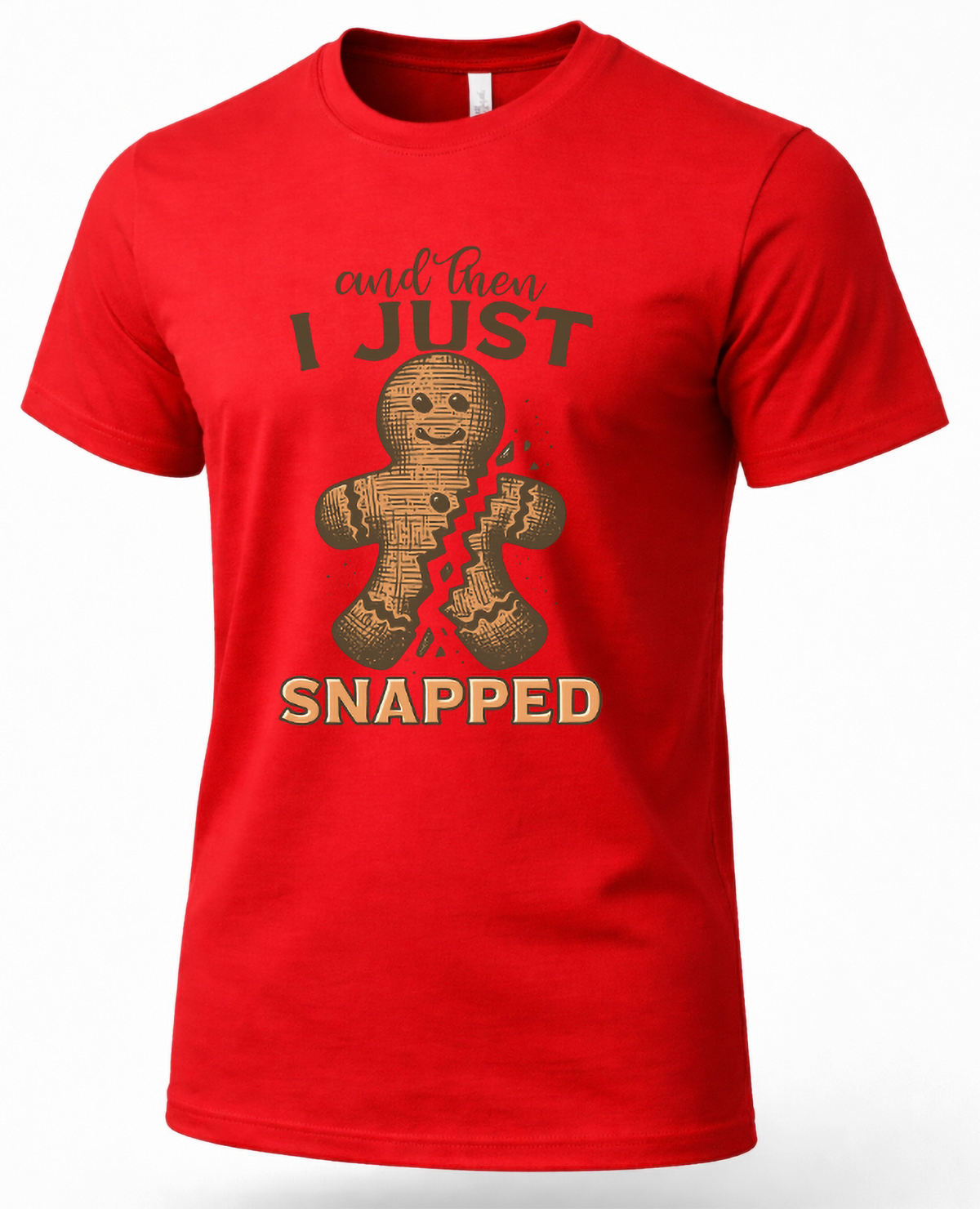 Red Mockup: Red unisex Christmas t-shirt featuring the broken gingerbread man design with And Then I Just Snapped lettering.