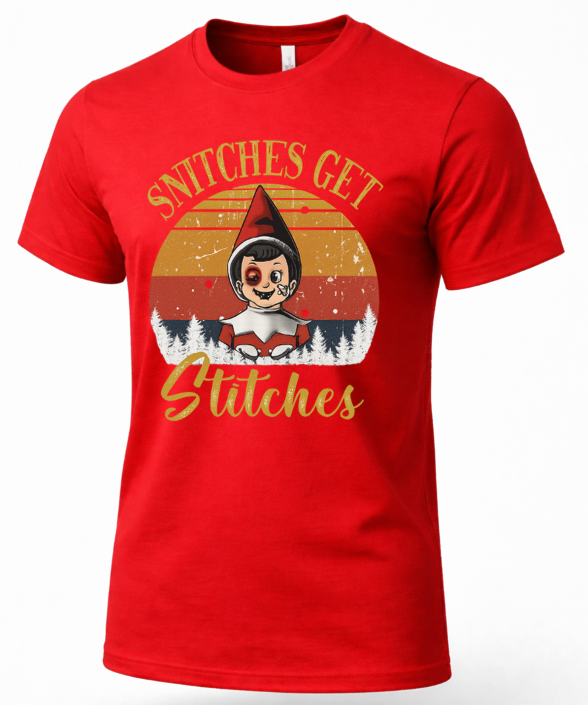 Red Snitches Get Stitches Christmas graphic t-shirt featuring mischievous elf and retro holiday artwork.