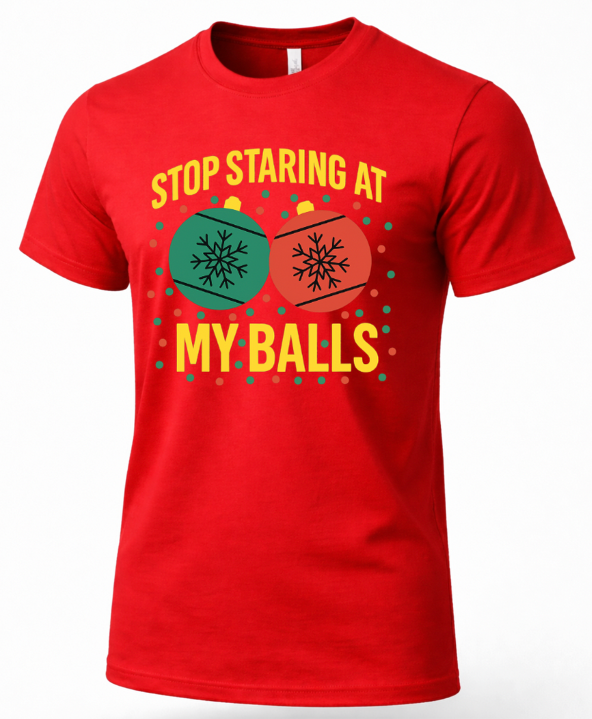 Red Christmas t-shirt with colorful ornament design and Stop Staring at My Balls funny holiday saying.