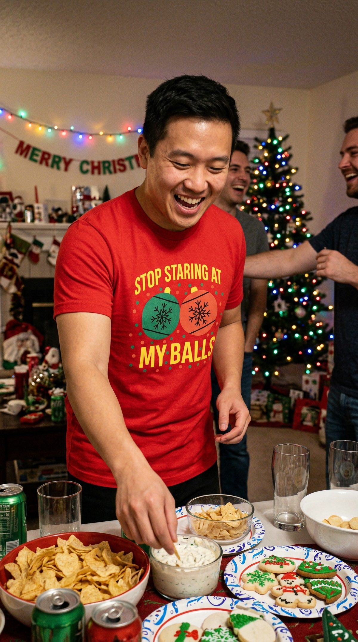 Man wearing red funny Christmas graphic tee while wrapping gifts at a festive holiday gathering