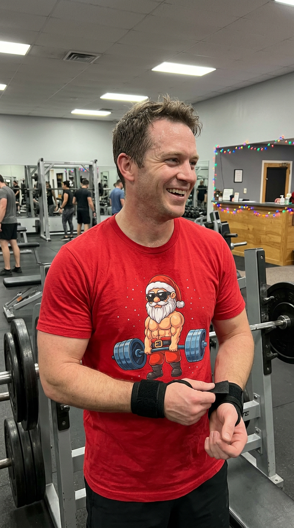 Man wearing a red Swole Santa Christmas gym t-shirt featuring a muscular Santa weightlifting design.