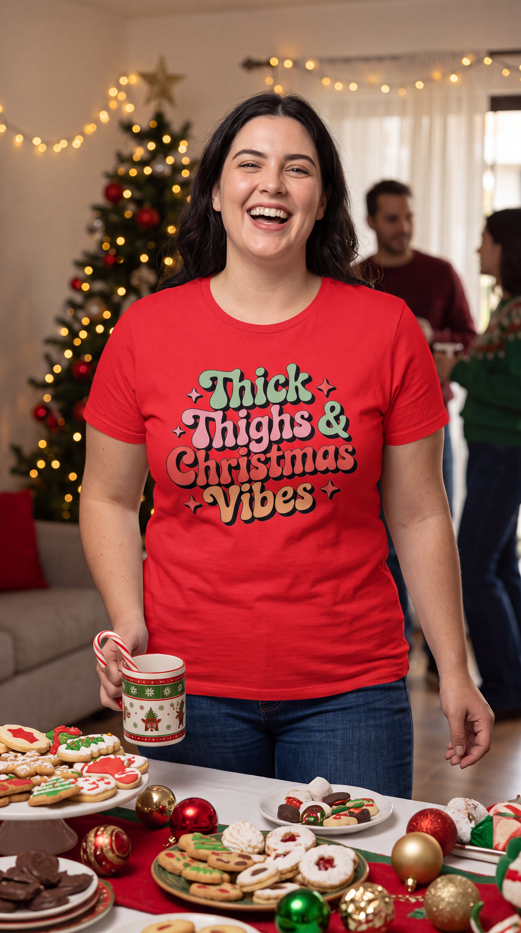 Woman wearing red Thick Thighs & Christmas Vibes shirt at a festive Christmas gathering.