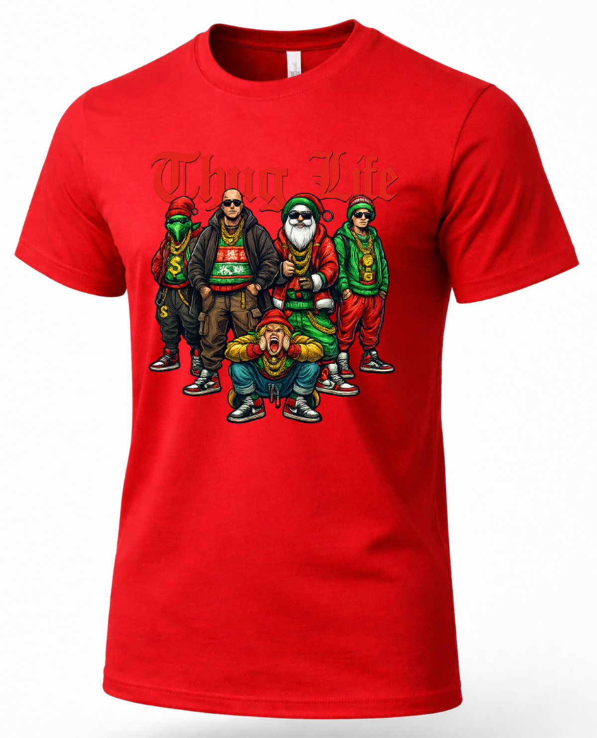 Red Thug Life Christmas t-shirt featuring colorful hip hop holiday characters and bold festive graphic