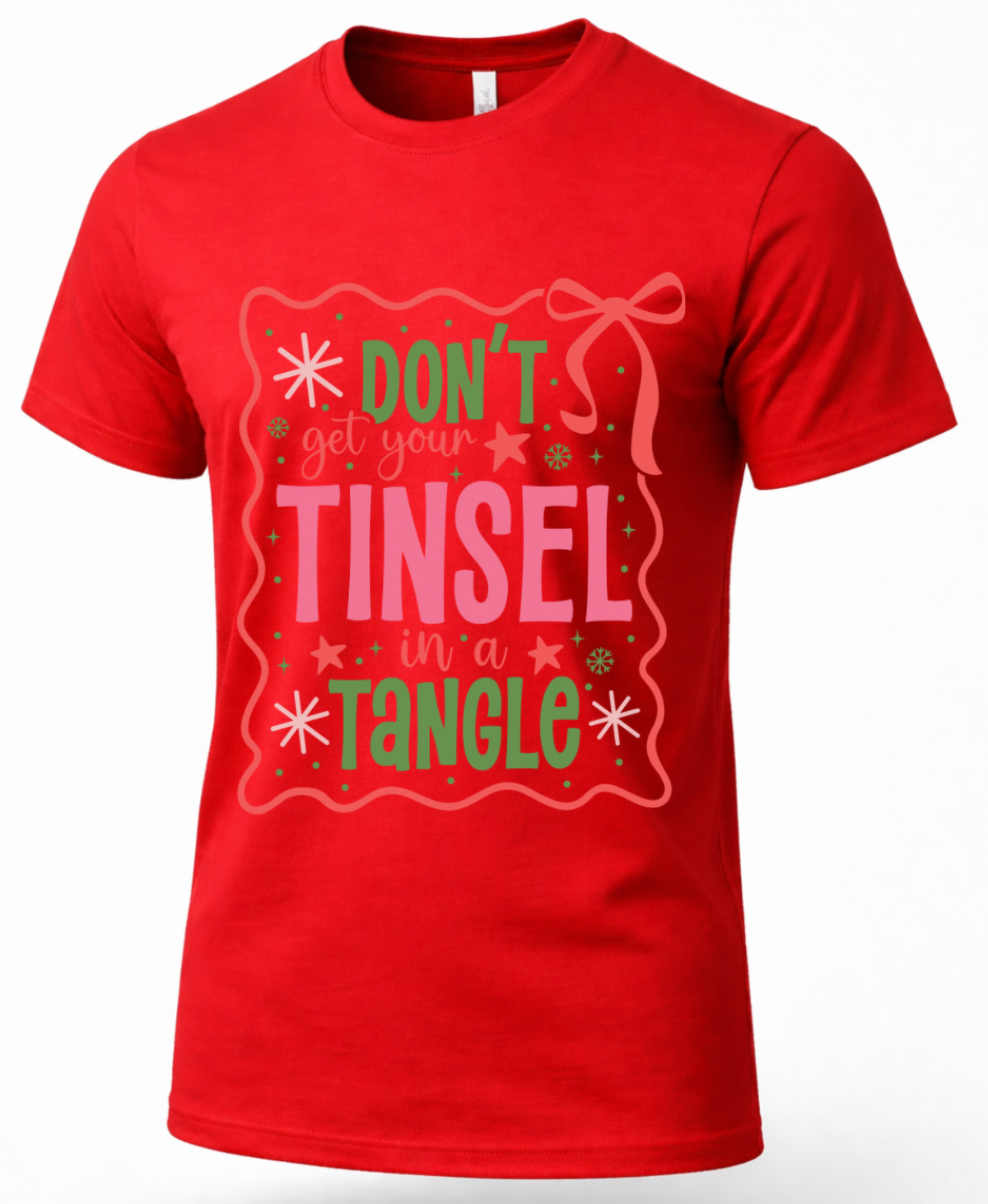 Red Christmas graphic tee featuring colorful Don’t Get Your Tinsel in a Tangle holiday design.