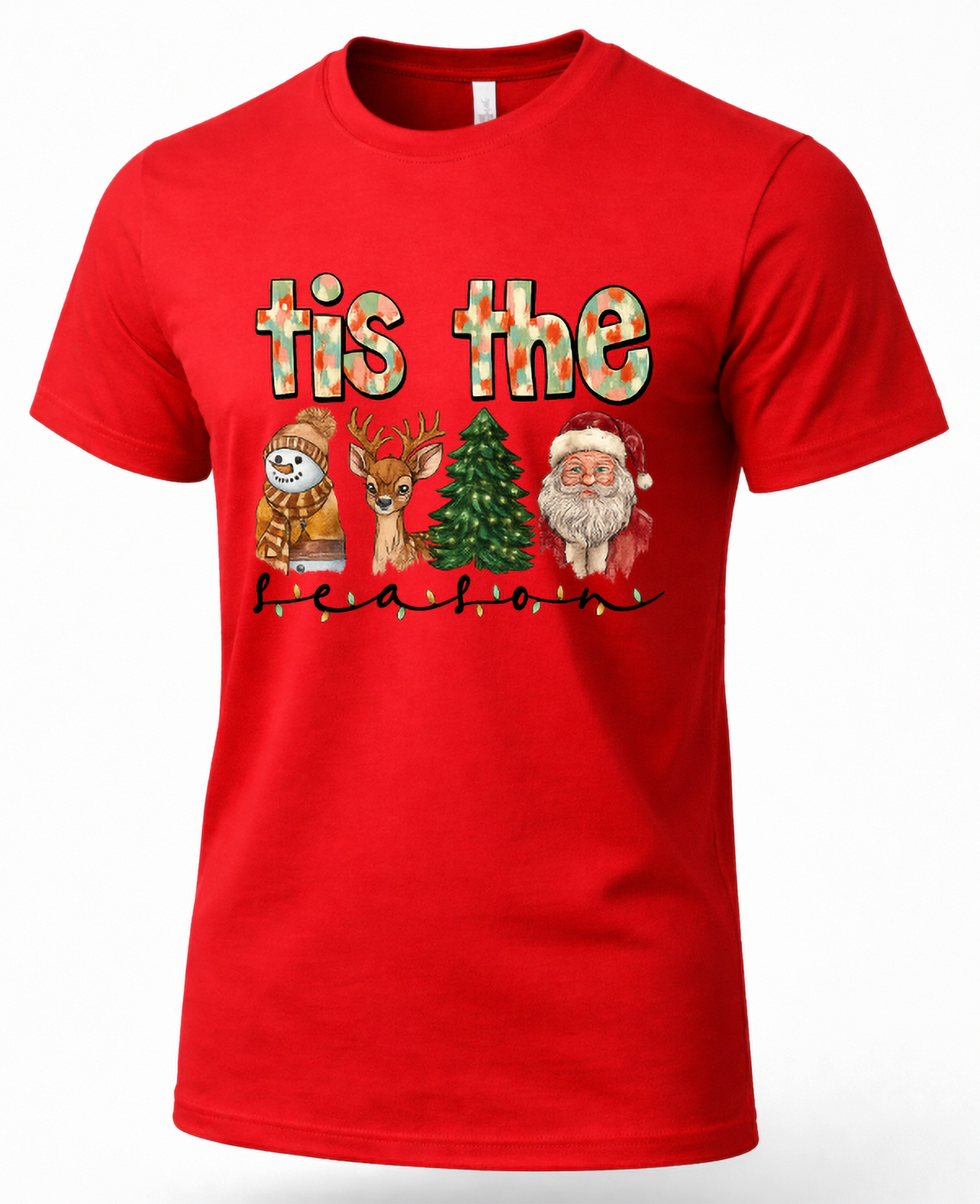Red unisex Christmas t-shirt featuring Tis the Season design with watercolor snowman, reindeer, Christmas tree, and Santa Claus.