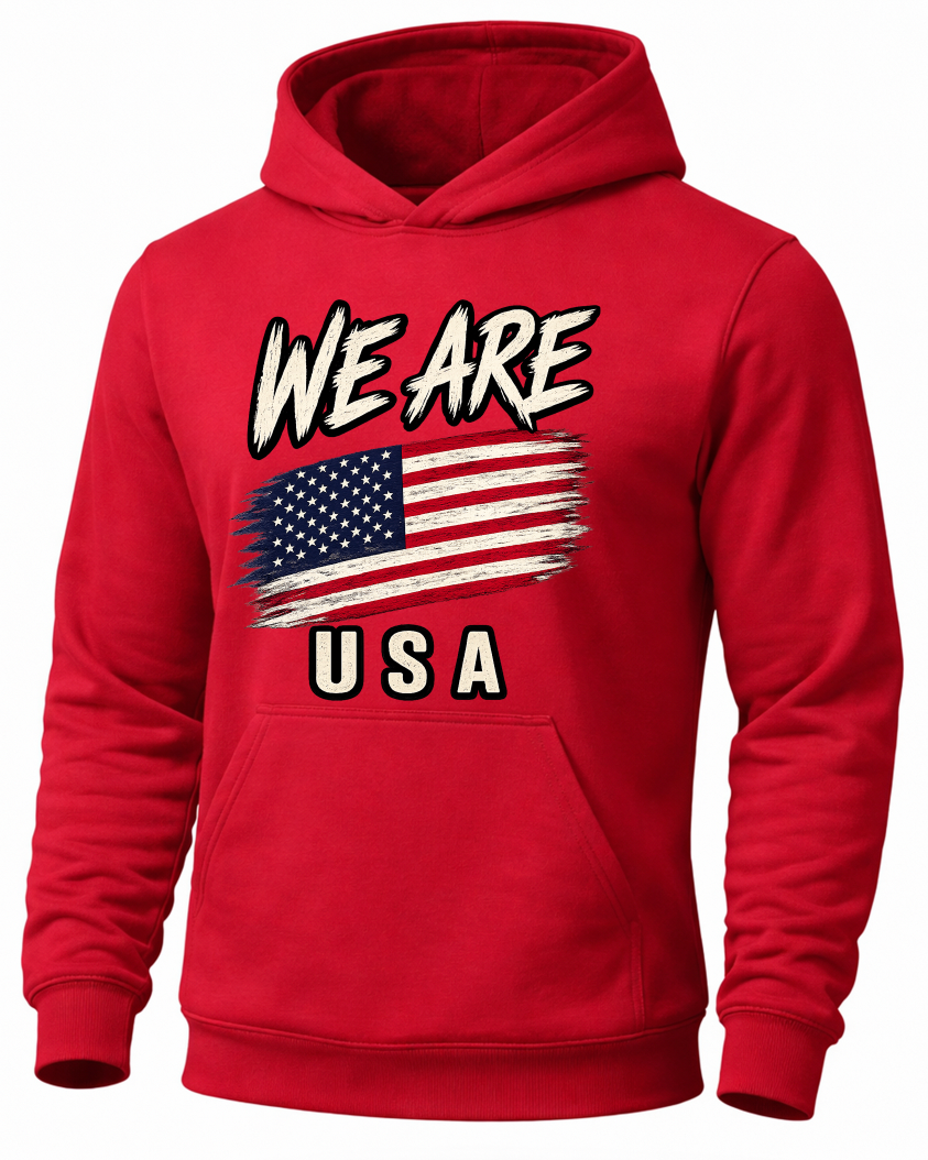 A red pullover hoodie with a front graphic that reads 'WE ARE USA' above and below a distressed American flag design, shown on a plain white background.