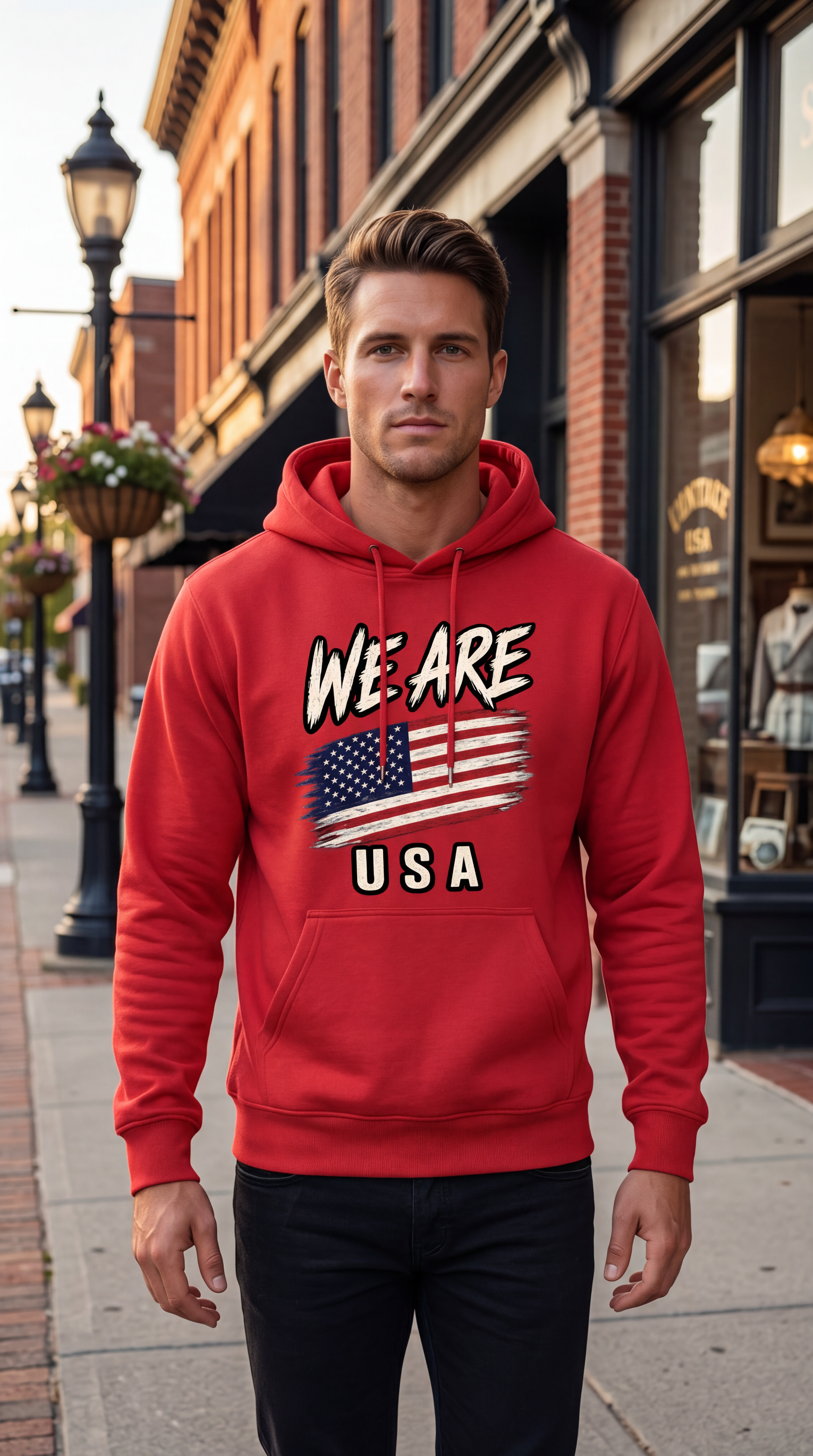 A man wearing a red pullover hoodie with a graphic print that reads 'WE ARE USA' and an American flag design, standing on a city sidewalk in front of brick storefront buildings.