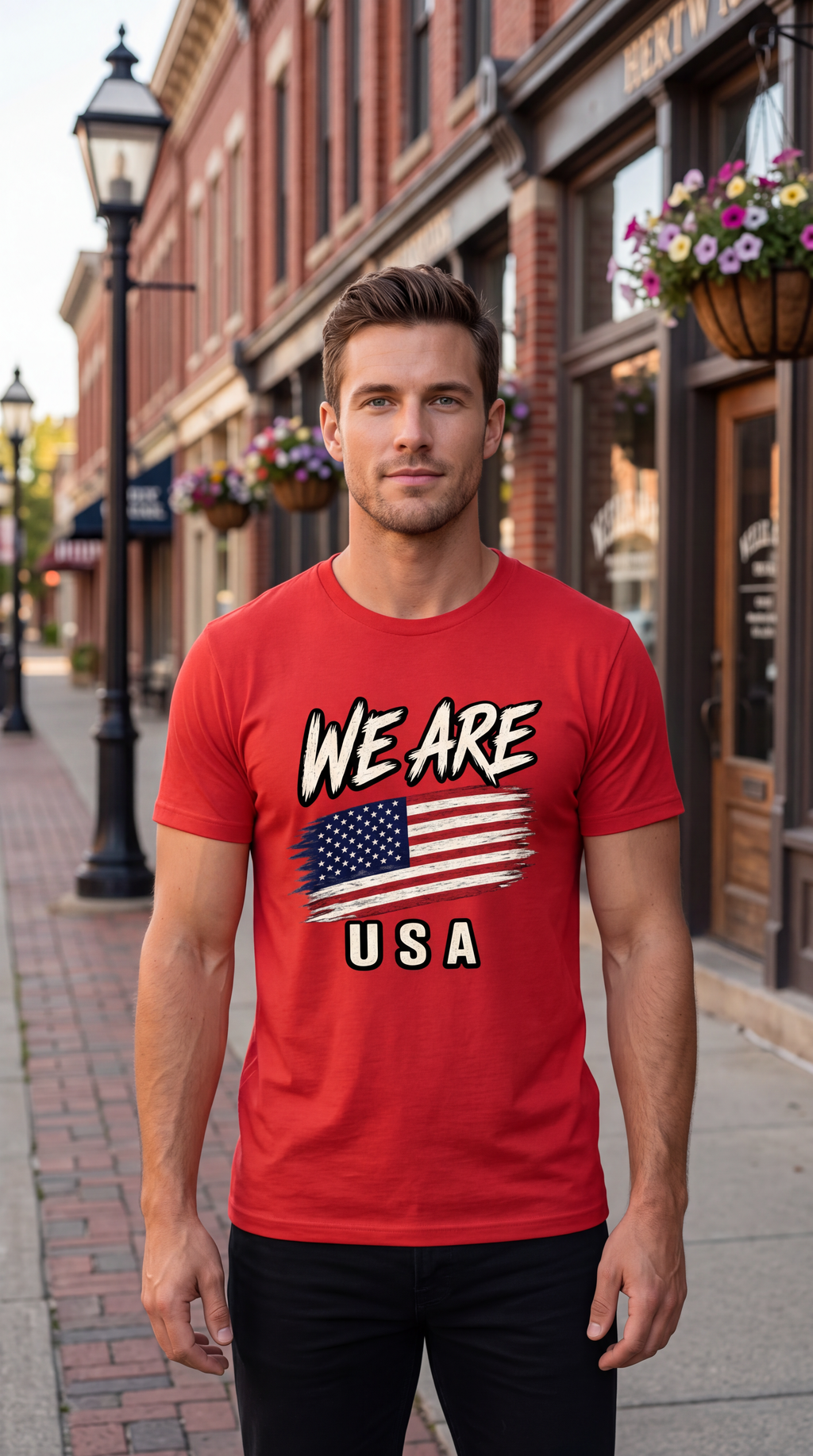 A man wearing a red graphic t-shirt with 'WE ARE USA' and an American flag design, standing on a brick sidewalk in front of a storefront.